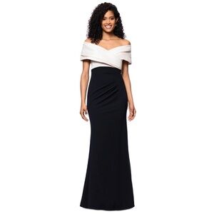 Betsy & Adam Petite Off-The-Shoulder Sweetheart-Neckline Gown